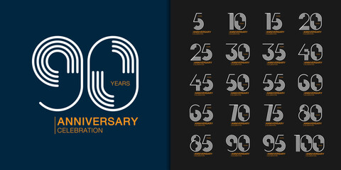 Set of trendy anniversary logotype. Modern geometric anniversary celebration icons design for company profile, leaflet, magazine, brochure poster, web, invitation or greeting card.