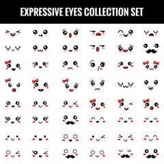 Fototapeta na wymiar Kawaii faces. Cute eyes, expressive emotional face, and Japanese style facial expressions vector set. expressive eyes collection - vector illustration.