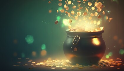 pot or cauldron full of ingot gold and golden coins inside idea for money saving , wealth and prosperity, Generative Ai	
