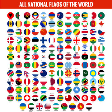 All world round flags icon, vector set of national flags of whole world circle icons. Flags of all countries and continents - Vector illustration.