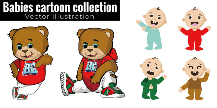 set of teddy bear cartoon vectors and a collection set of a baby cartoon characters - vector illustration.