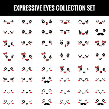 Kawaii faces. Cute eyes, expressive emotional face, and Japanese style facial expressions vector set.
expressive eyes collection -  vector illustration.