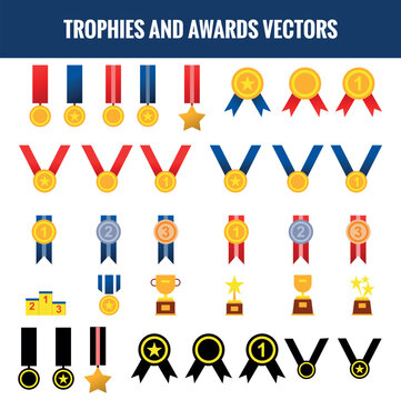 Modern Trophies and awards vector set, Winning  Icons, Award and Prize, Award flat icons. Winner medal, Victory cup, and Trophy reward - Vector illustration.