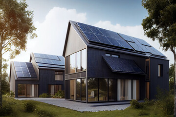 Houses with rooftop solar panels, top view houses of the future, green eco energy of the future, farm with solar panels Generative AI
