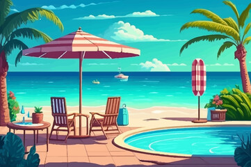 Beautiful tropical beach and sea with umbrella and chair around swimming pool in hotel resort for travel and vacation. Generative AI