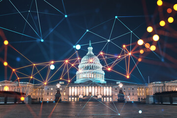 Front view, Capitol dome building at night, Washington DC, USA. Illuminated Home of Congress and...
