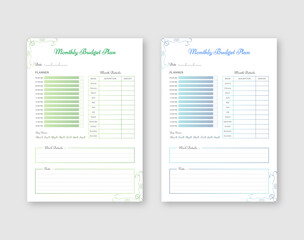Printable budget planner template design layout or Personal budget plan concept template set. colorful budget planner set for your company.