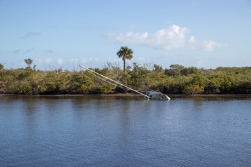 Sailboat half submerged in a river