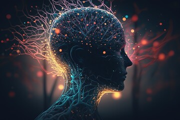 illustration of a futuristic robot face with cybermatic system design character with glow light, idea concept for Artificial Intelligent , the future and development of Ai	
