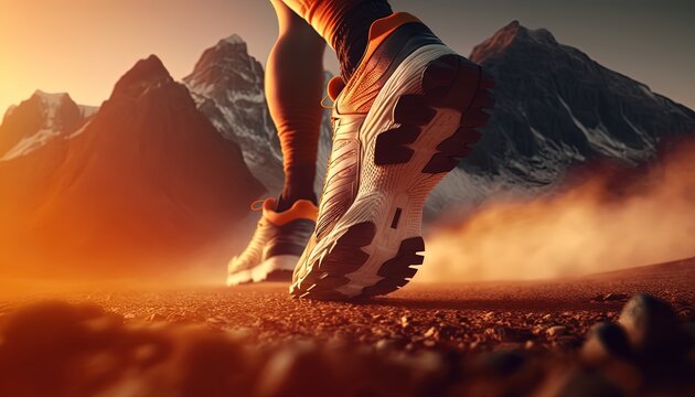 running feet with sunlight, training to be winner, self challenge theme concept, Generative Ai