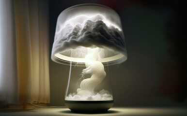 Illustration of a night lamp on the table in a room. A night lamp disguised as a storm lamp decorates the room. Image generated by AI.