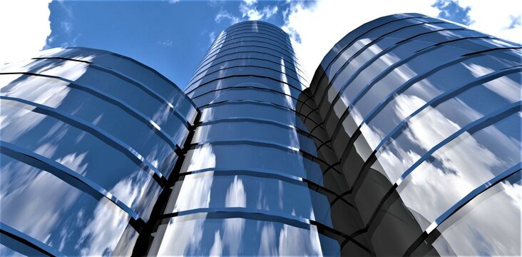 White Clouds In The Blue Sky Reflected In The Glass Circle Facade Of The Futuristic Apartment Building For People With Middle Income. 3d Rendering.