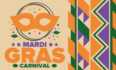 Mardi Gras Carnival in New Orleans. Fat Tuesday. Traditional holiday, celebration annual. Folk festival, costume masquerade, fun party. Carnival mask. Poster, card, banner and background. Vector