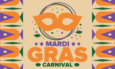 Mardi Gras Carnival in New Orleans. Fat Tuesday. Traditional holiday, celebration annual. Folk festival, costume masquerade, fun party. Carnival mask. Poster, card, banner and background. Vector