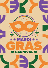 Mardi Gras Carnival in New Orleans. Fat Tuesday. Traditional holiday, celebration annual. Folk festival, costume masquerade, fun party. Carnival mask. Poster, card, banner and background. Vector