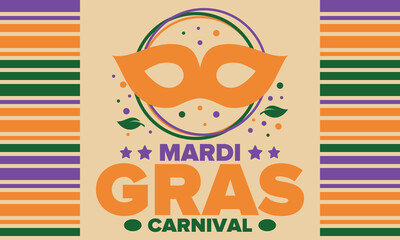 Mardi Gras Carnival in New Orleans. Fat Tuesday. Traditional holiday, celebration annual. Folk festival, costume masquerade, fun party. Carnival mask. Poster, card, banner and background. Vector
