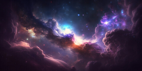 Fototapeta na wymiar Night Sky, Universe filled with stars, nebula and galaxy, Space Blue Purple Background, Illustration generativ ai