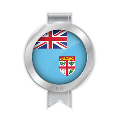 Flag of Fiji Silver Medal Vector. Realistic 3d silver trophy award medals for winner. Honor prize. Realistic illustration.