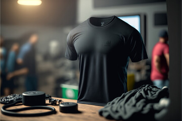 t-shirt mockups in black color with shop background, generative ai