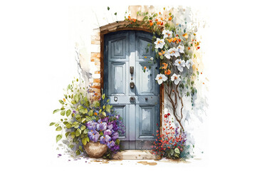 cozy door with flowers on white background, watercolor. Generative AI