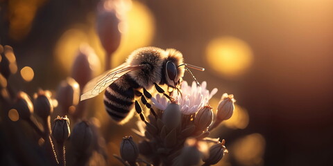 A Macro View of a Bee at Work on a flower, generative ai