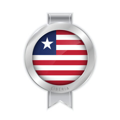 Flag of Liberia Silver Medal Vector. Realistic 3d silver trophy award medals for winner. Honor prize. Realistic illustration.