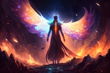 fantasy fiction character design, a man wearing purple cloak with powerful energy emerge around , flame wing, Generative Ai