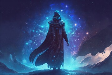 Fototapeta na wymiar fantasy fiction character design, a man wearing purple cloak with powerful energy emerge around , Generative Ai