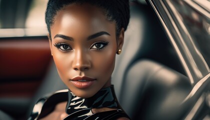 Fototapeta na wymiar Successful black woman in a business suit sitting in luxurious leather car interior generative ai