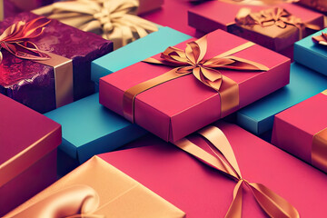 Gift box on boked background. Valentines banner Generative AI