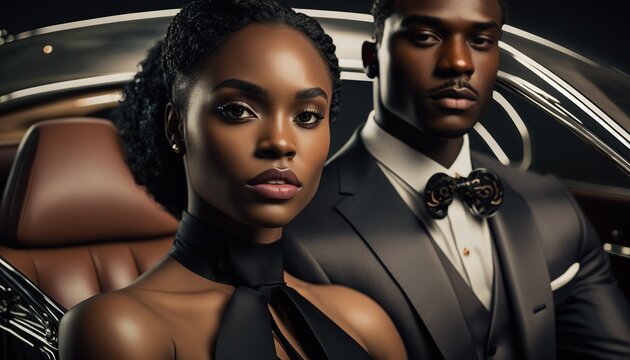 Successful black woman in a business suit sitting in luxurious leather car interior generative ai
