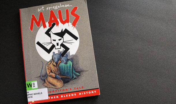 A copy of the book Maus by Art Spiegelman. The graphic novel has been placed on the banned book list at many schools and libraries.