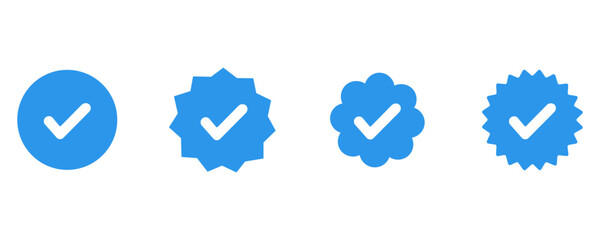 Verified badge social media account white check icon set in blue circle eps10