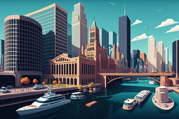 Chicago's downtown and Riverwalk are visible in this daytime panorama in Illinois, USA. Concept of artificial intelligence. AI in business, neural networks, machine learning, and robotics. Generative - obrazy, fototapety, plakaty