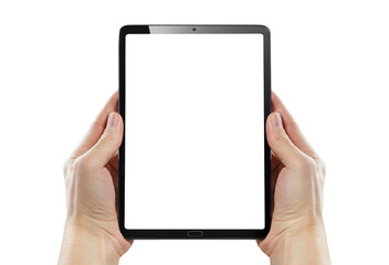 Hands with black tablet computer cut out