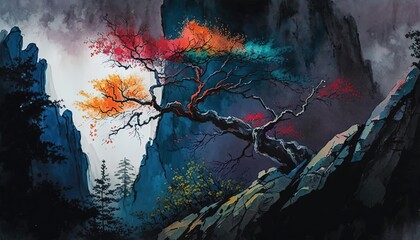 paint like illustration of mountain cliff with pine tree, Generative Ai - obrazy, fototapety, plakaty