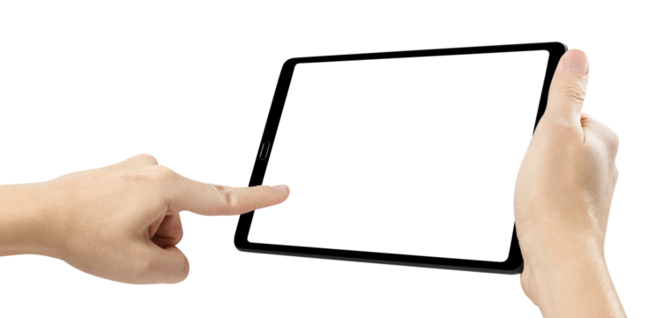 Hands with black tablet computer cut out