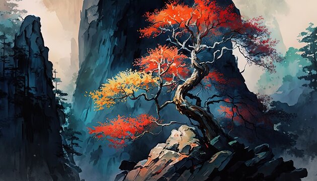 paint like illustration of mountain cliff with pine tree, Generative Ai © QuietWord