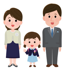 フォーマルな服装で笑顔の夫婦と女の子　入学式や卒業式　イラスト
