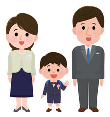 フォーマルな服装で笑顔の夫婦と男の子　入学式や卒業式　イラスト