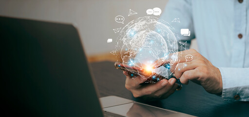 System Artificial intelligence chatbot , Businessman using Laptop or Smartphone With ChatGPT Chat Bot AI , Technology smart robot Ai Chat GPT application software , robot application Chat GPT