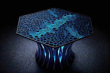 Ceramic table with glass top. Blue ceramic texture table. Infinity shape design. black background. . Generative AI