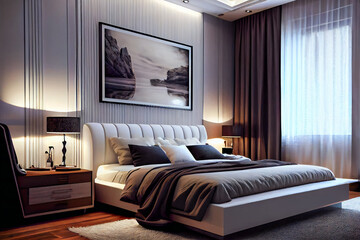 Luxuriate in the Ambiance of a Modern Luxury Bedroom with Night Lights.  Generative AI.