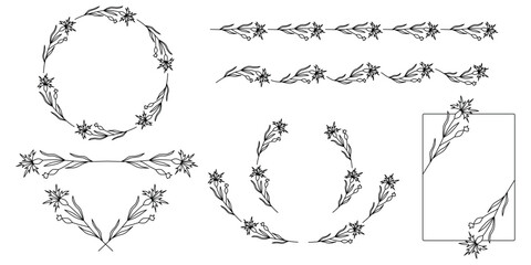 Obraz premium Hand drawn floral frames with flowers, branch and leaves. Vector wreaths, frames and floral elements for design. Set of floral elements. Frames in line art style