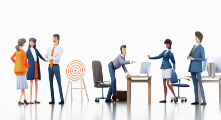 Groups of business people talking together and sharing ideas whilst standing in an office. 3D rendering illustration