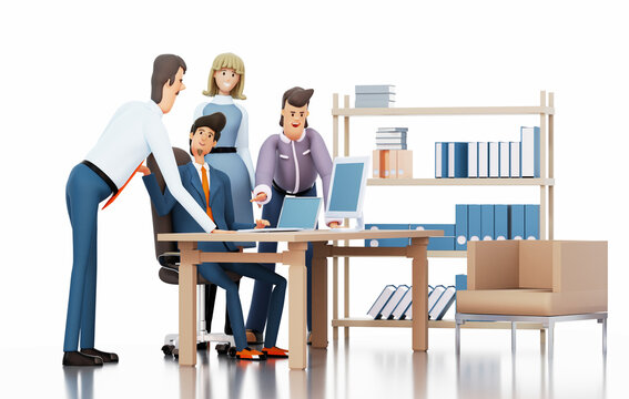 Group of business people collaborating on a project by a desk, sharing ideas. 3D rendering illustration