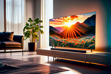 Big Tv In A Living Room.  Elegant living room with big tv screen.  Generative AI. - obrazy, fototapety, plakaty