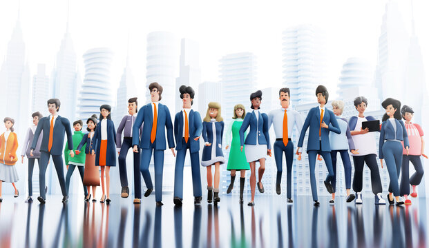 Big group of successful business people walking towards the camera in the City.  3D rendering illustration  