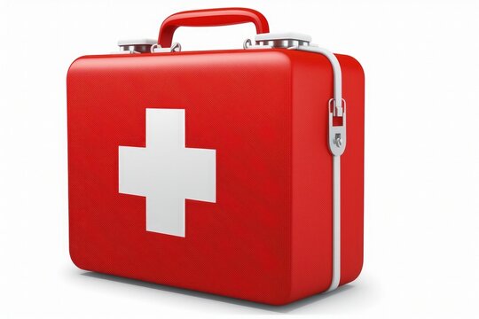 Illustration of briefcase with first aid kit, white background. Generative AI
