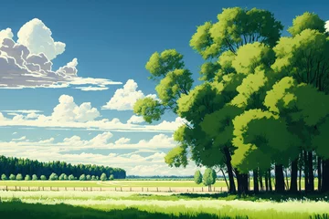 Fototapeten Green fields in the summer with grass, trees, white clouds, and a clear sky. backdrop scenery. Generative AI © AkuAku